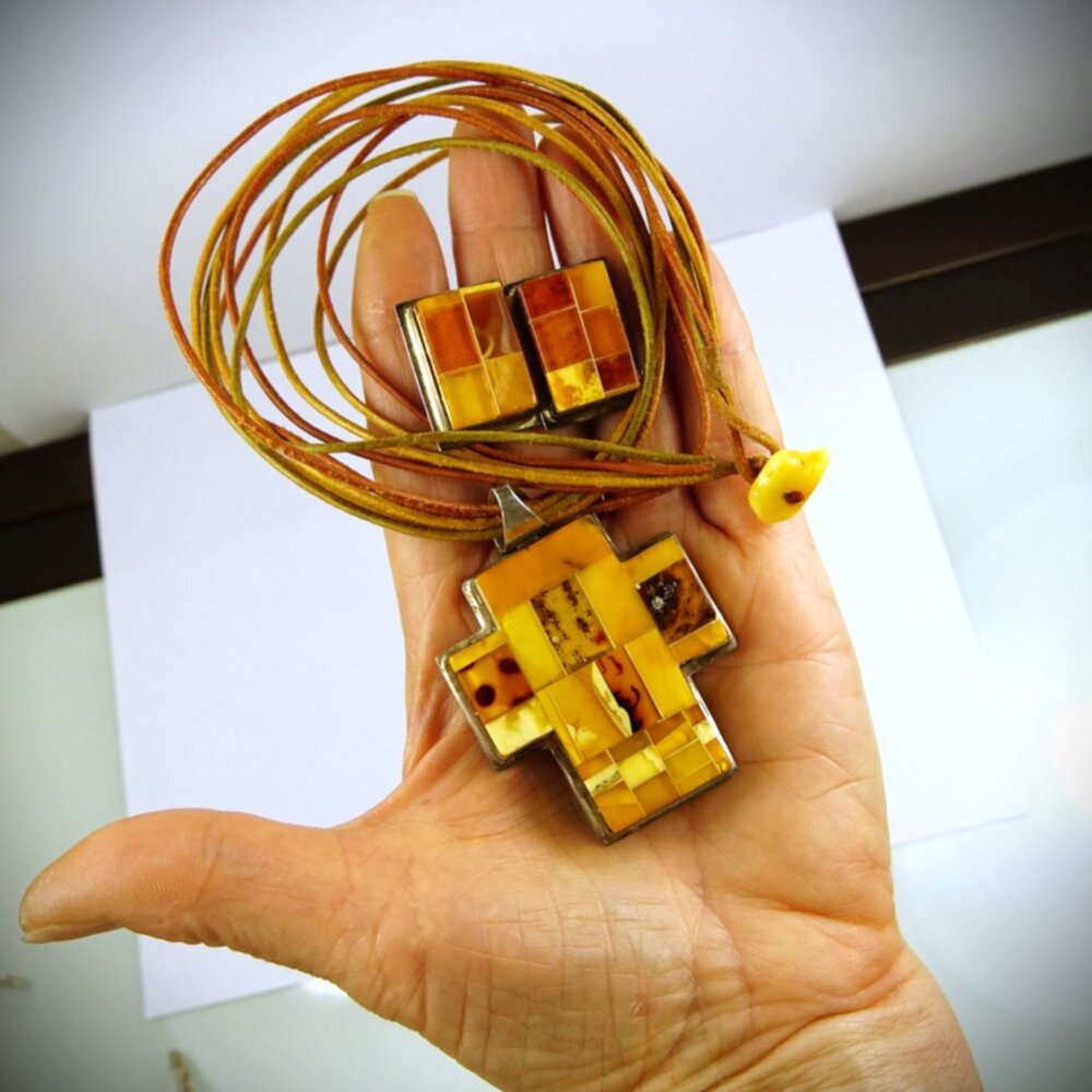 925 Silver and Mosaic Baltic Amber Set: Cross, Earrings, Multi Leather Cord - Picture 8 of 13